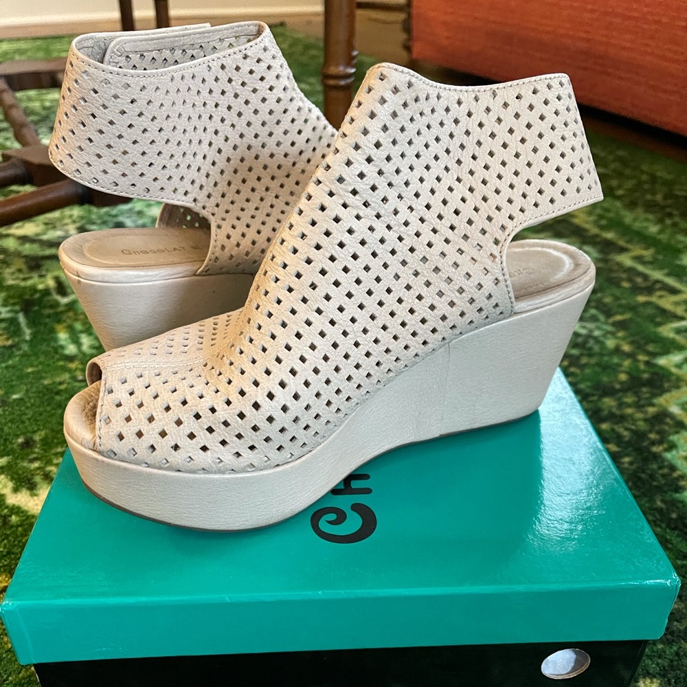 Chocolate Blu Peep Toe Perforated Wedge Sandals